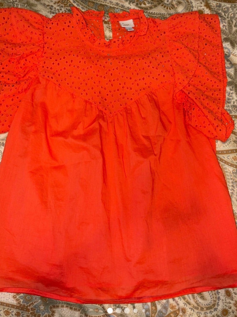 Eyelet Flutter Sleeve Blouse - coral